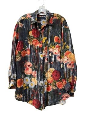 Vintage 90s Jane Ashley Silk Oversized Floral Button Shirt Top L XL Charcoal
